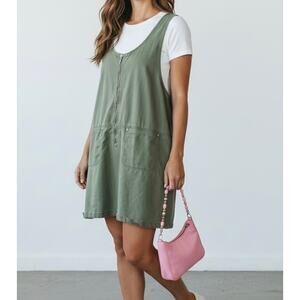 Vintage Faded Glory Olive Green Utility Zip Dress 100% Cotton Size L